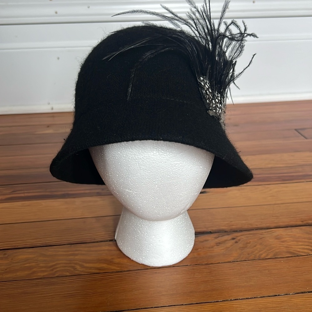 Classic August Black Wool Cloche Winter Hat with Adorable Feather Details - OS